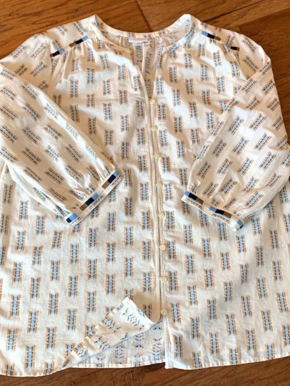 J. Jill Pure Jill White Blue Embroidery Button Front Tunic Top Women's Size M